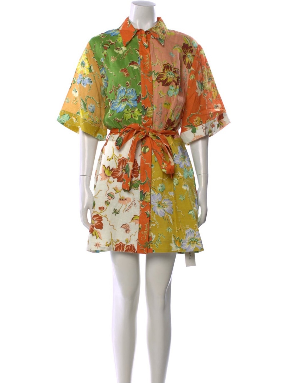 Alemais Floral Patchwork Shirt Dress in Orange, Green & Cream